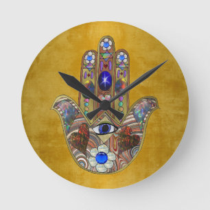 Hamsa-Herzen Blumen-Opal-Kunst auf Gold Runde Wanduhr
