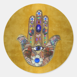 Hamsa-Herzen Blumen-Opal-Kunst auf Gold Runder Aufkleber