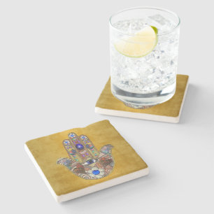 Hamsa-Herzen Blumen-Opal-Kunst auf Gold Steinuntersetzer