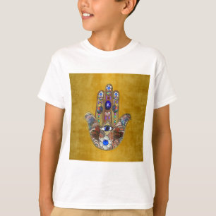 Hamsa-Herzen Blumen-Opal-Kunst auf Gold T-Shirt