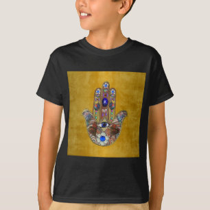 Hamsa-Herzen Blumen-Opal-Kunst auf Gold T-Shirt