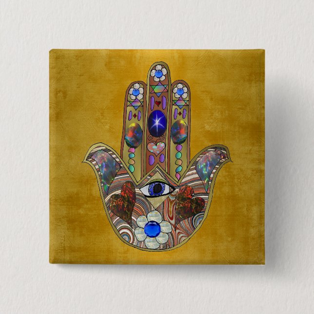 Hamsa Hört Blume Opal Art on Gold Button (Vorderseite)