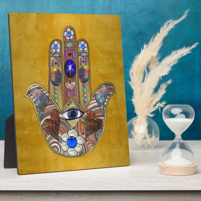 Hamsa Hört Blume Opal Art on Gold Fotoplatte (Seite)
