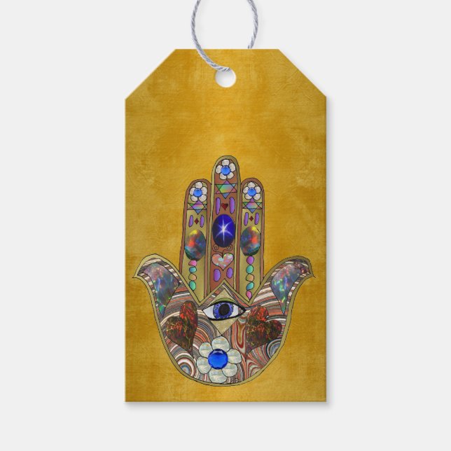 Hamsa Hört Blume Opal Art on Gold Geschenkanhänger (Vorderseite)