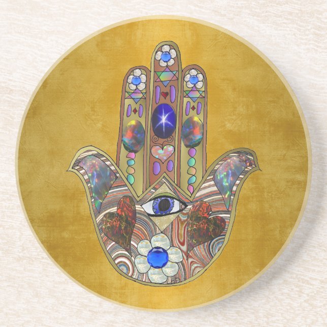 Hamsa Hört Blume Opal Art on Gold Getränkeuntersetzer (Vorne)