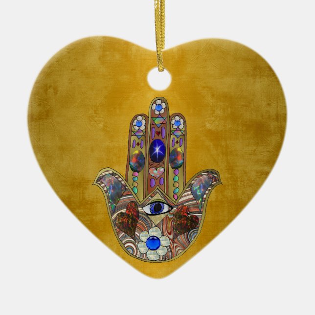 Hamsa Hört Blume Opal Art on Gold Keramik Ornament (Vorne)