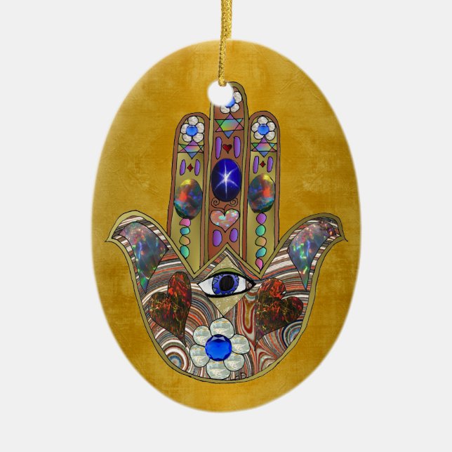 Hamsa Hört Blume Opal Art on Gold Keramikornament (Vorne)
