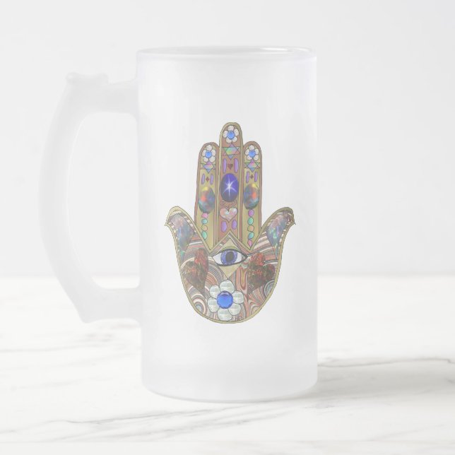 Hamsa Hört Blume Opal Art on Gold Mattglas Bierglas (Links)