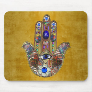 Hamsa Hört Blume Opal Art on Gold Mousepad