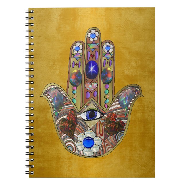 Hamsa Hört Blume Opal Art on Gold Notizblock (Vorderseite)