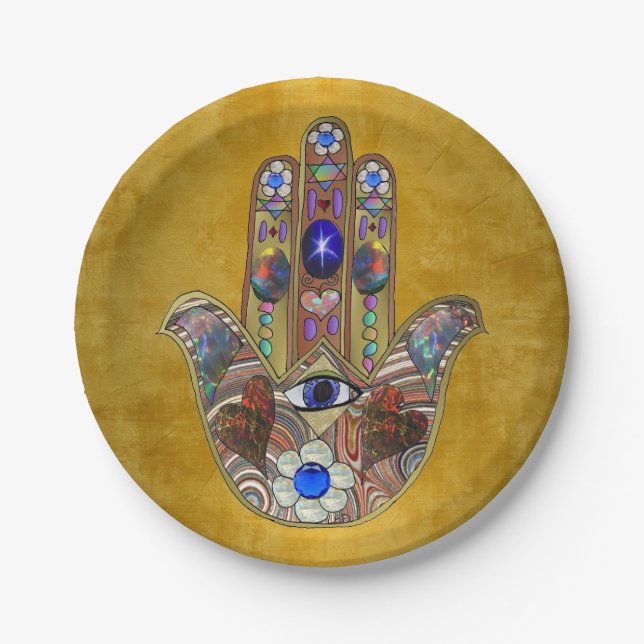 Hamsa Hört Blume Opal Art on Gold Pappteller (Vorderseite)