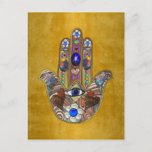 Hamsa Hört Blume Opal Art on Gold Postkarte