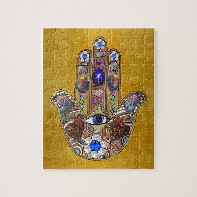 Hamsa Hört Blume Opal Art on Gold Puzzle (Vertikal)