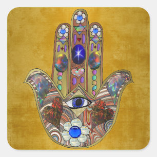 Hamsa Hört Blume Opal Art on Gold Quadratischer Aufkleber