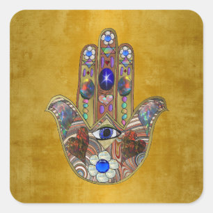 Hamsa Hört Blume Opal Art on Gold Quadratischer Aufkleber
