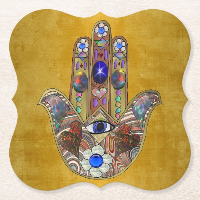 Hamsa Hört Blume Opal Art on Gold Untersetzer (Vorderseite)
