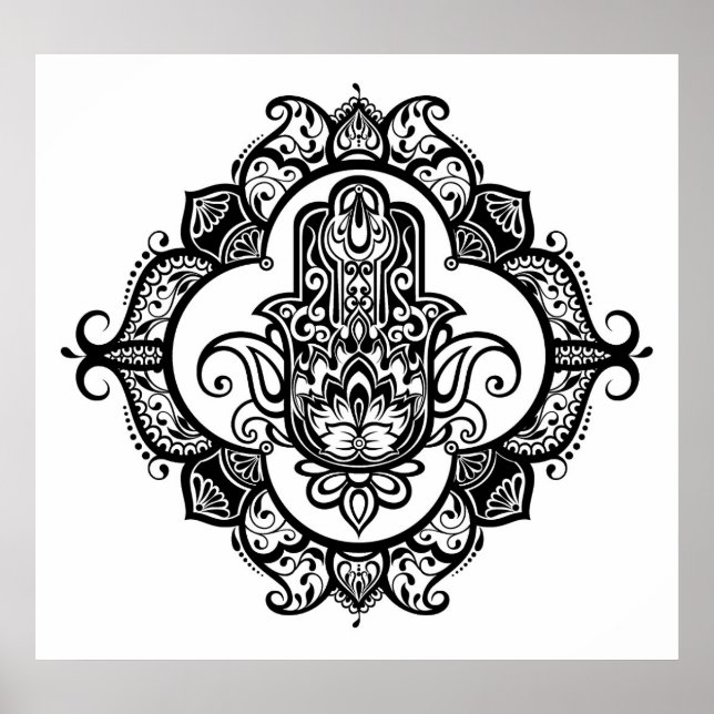 Hamsa mit ethnischen Ornamenten Doodle 2 Poster (Vorne)
