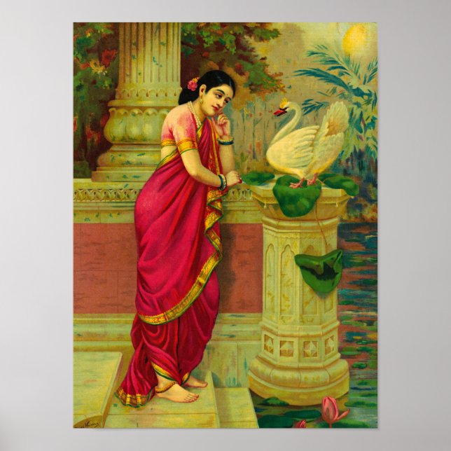 Hamsa und Damayanti von Raja Ravi Varma Poster (Vorne)