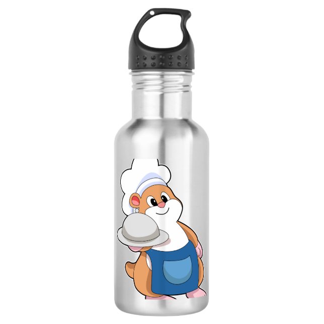 Hamster als Koch mit Platter Edelstahlflasche (Vorderseite)