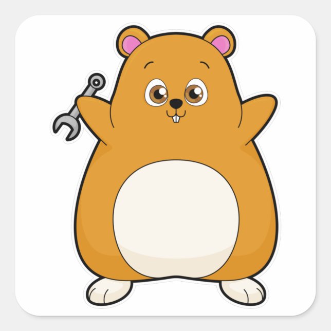 Hamster als Mechanik mit Schraubenschlüssel Quadratischer Aufkleber (Vorderseite)