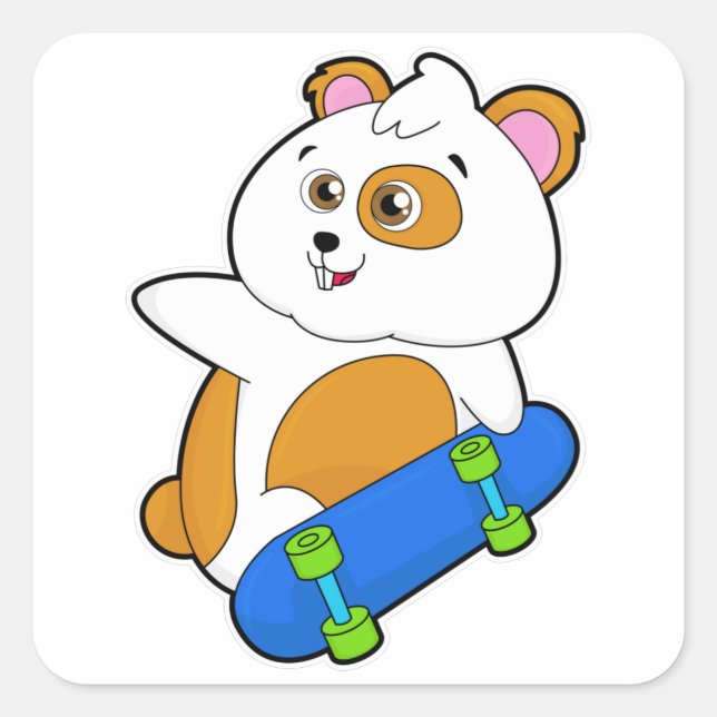 Hamster als Skater mit Skateboard Quadratischer Aufkleber (Vorderseite)