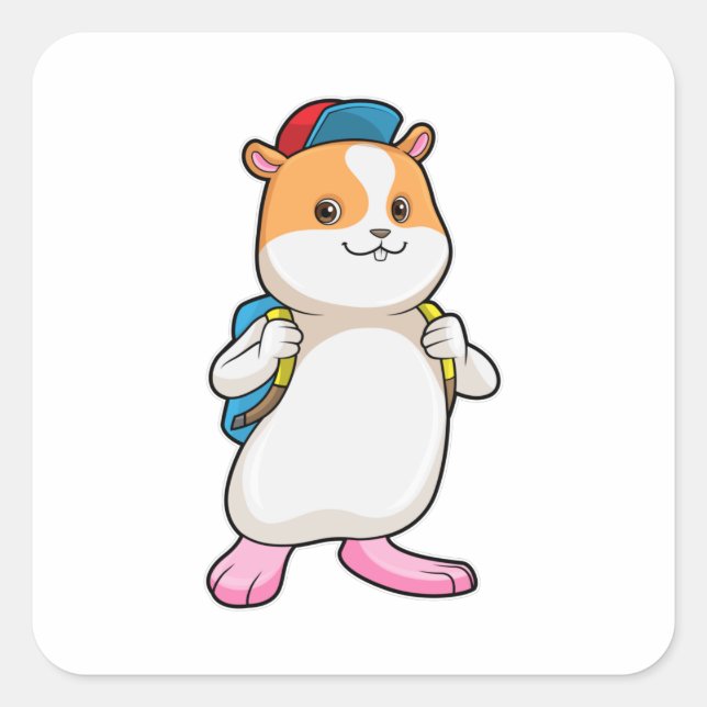 Hamster als Student mit Backpack & Cap Quadratischer Aufkleber (Vorderseite)