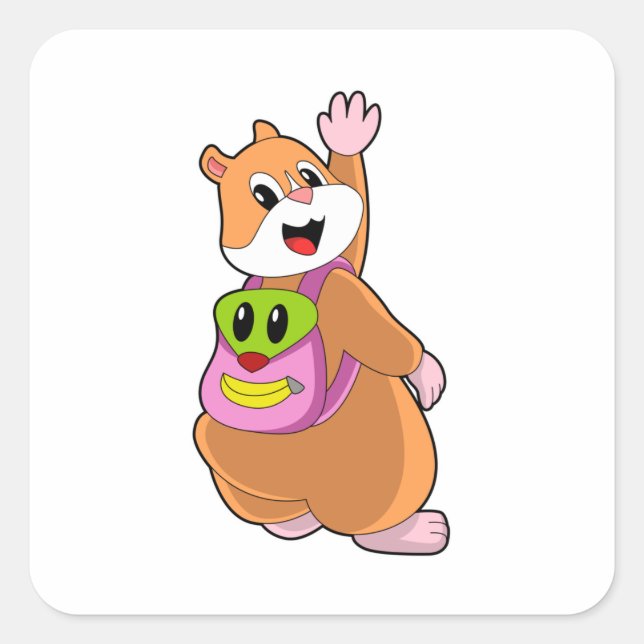 Hamster als Student mit Backpack.PNG Quadratischer Aufkleber (Vorderseite)