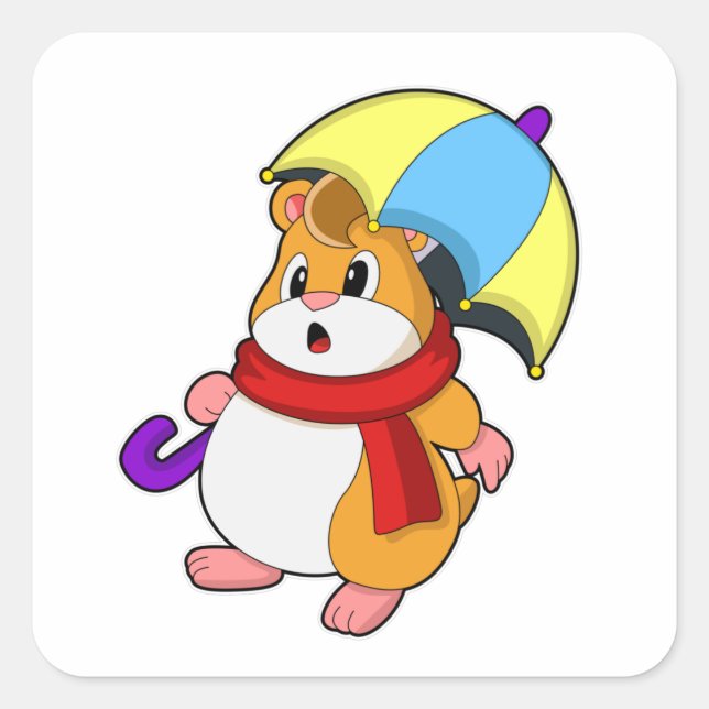 Hamster am Regen mit Umbrella Quadratischer Aufkleber (Vorderseite)