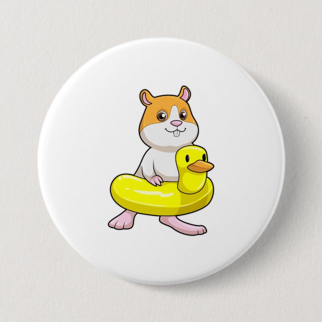 Hamster am Strand mit Duck als Swim-Ring Button (Vorderseite)
