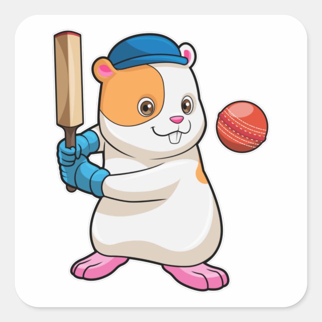 Hamster auf Cricket mit Cricket-Fledermaus und Cap Quadratischer Aufkleber (Vorderseite)