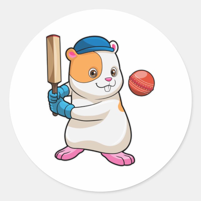 Hamster auf Cricket mit Cricket-Fledermaus und Cap Runder Aufkleber (Vorderseite)