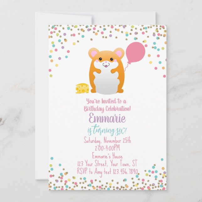 Hamster Birthday Party Einladung Confetti Glitzer (Vorderseite)