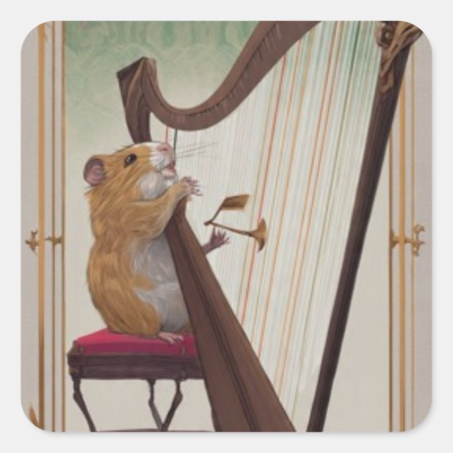 Hamster Harpist – Mini Musical Illustration  Quadratischer Aufkleber (Vorderseite)