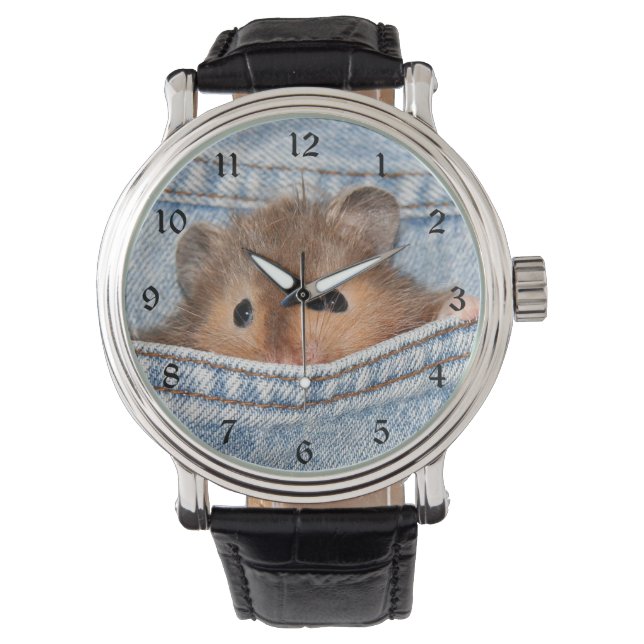 Hamster in blauer Jeans Armbanduhr (Vorderseite)