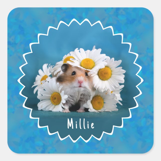 Hamster in White Daisy Bouquet Quadratischer Aufkleber (Vorderseite)