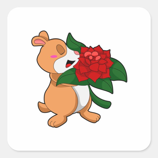 Hamster mit Blume Rose Quadratischer Aufkleber (Vorderseite)