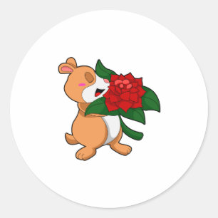 Hamster mit Blume Rose Runder Aufkleber
