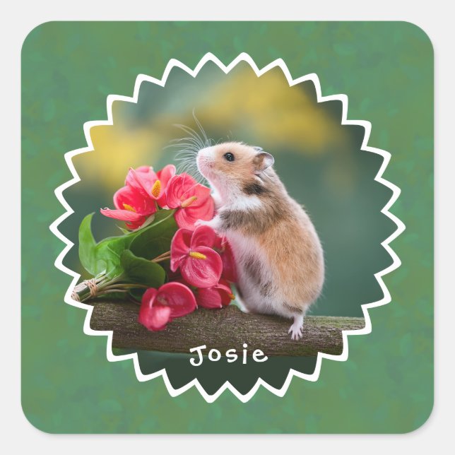 Hamster mit Red Arthurium Bouquet Quadratischer Aufkleber (Vorderseite)