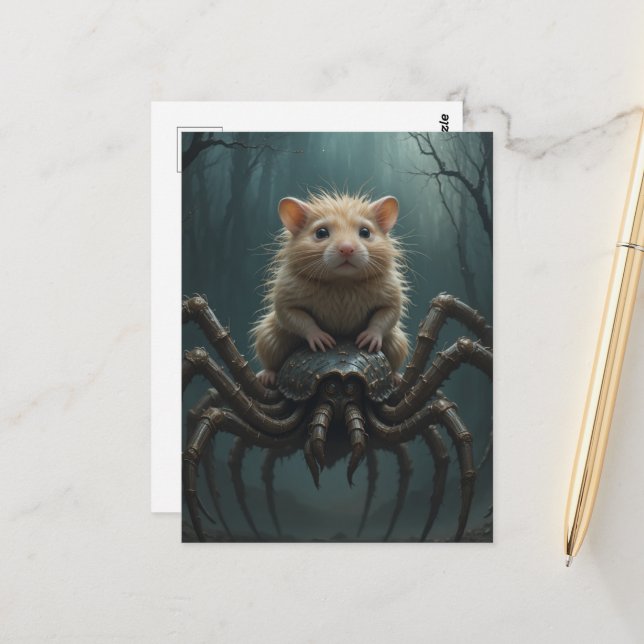 Hamster reitet auf einer Spinne Postkarte (Vorderseite/Rückseite Beispiel)