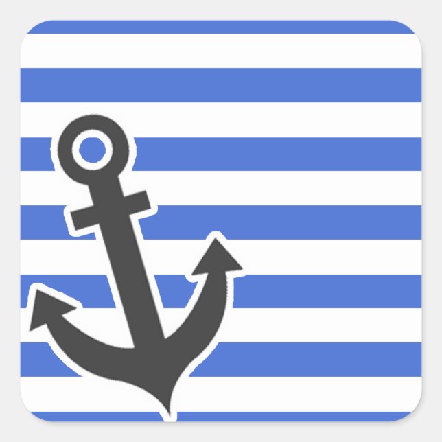 Han Blue Horizontal Stripes; Nautical Anchor Quadratischer Aufkleber (Vorderseite)