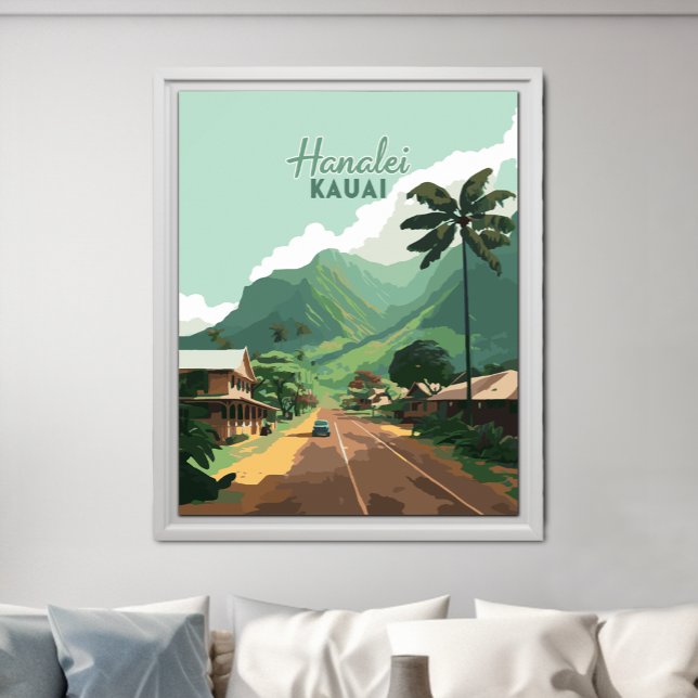 Hanalei Kauai Hawaii Bay Mountains Green Poster (Hanalei town on Kauai's North Shore in Hawaii on a retro design poster.)