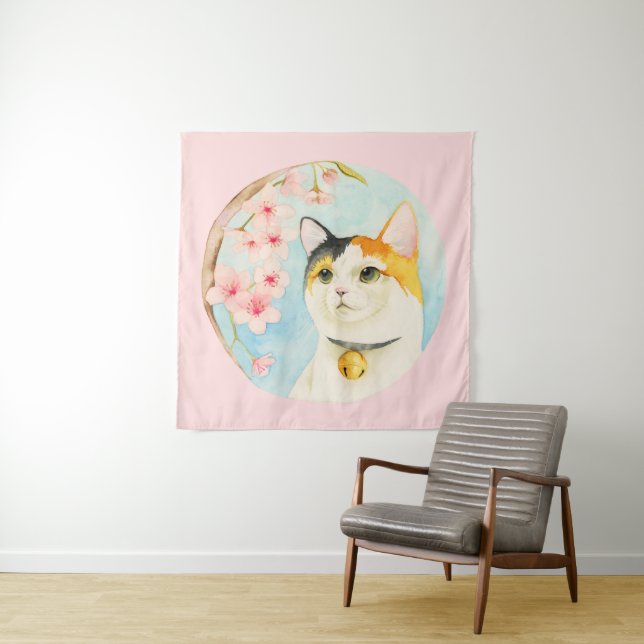 Hanami | Calico Cat and Cherry Blossom Wassercolor Wandteppich (Beispiel)