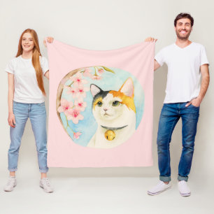 Hanami   Kaliko-Katzen-und Kirschblüten-Aquarell Fleecedecke