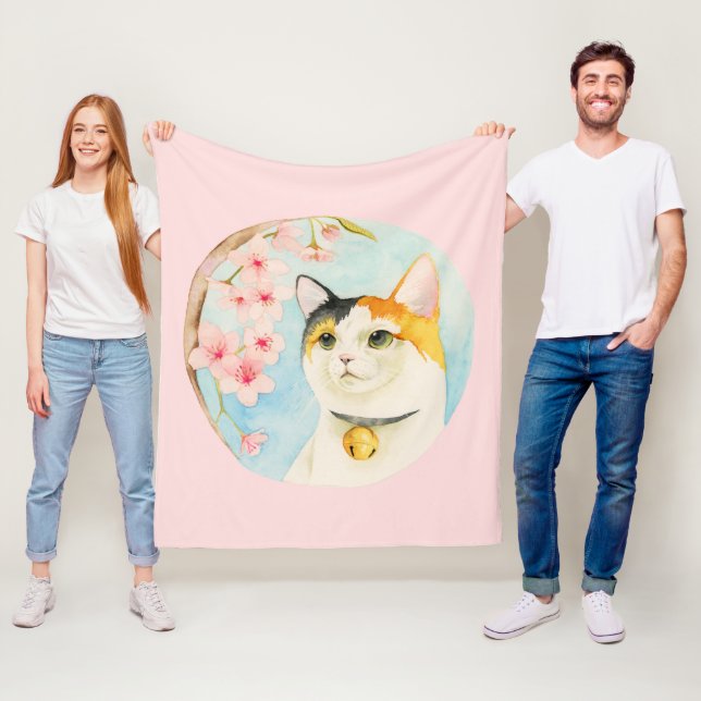 Hanami | Kaliko-Katzen-und Kirschblüten-Aquarell Fleecedecke (Beispiel)
