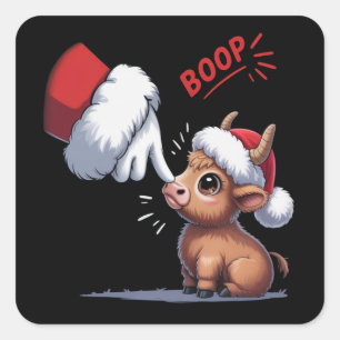 Hand Boop Weihnachten Highland Kuh Santa Farmer Quadratischer Aufkleber