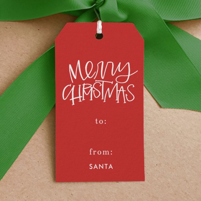 Hand Briefe frohe Weihnachts Rote Geschenktasten Geschenkanhänger (Hand-lettered Merry Christmas red holiday gift tag.)