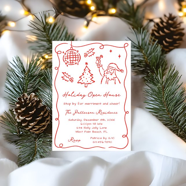 Hand Dawn Whimsical Rot Funky Weihnachten Open Hou Einladung (Von Creator hochgeladen)