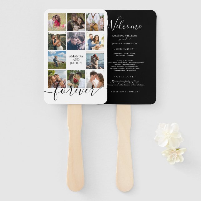 Hand des Schwarz-Weiß-Hochzeitsprogramms für Fotoc Fächer (Vorne und Hinten)