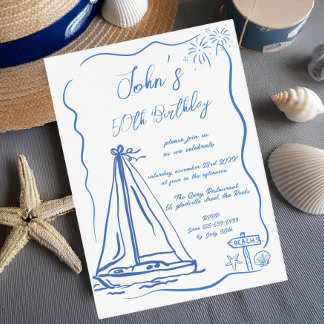 Hand Doodles Skurriles Segelboot Männer Geburtstag Einladung