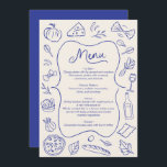 Hand Drain Dinner Menü Italienisch Blau Menükarte<br><div class="desc">Mit dieser illustrierten Menükarte stärken Sie Ihren Hochzeitsempfang. Mit handgezeichnet Essensbildern und einem klassischen Design fügt diese individuell anpassbare Menükarte Ihrem Tag eine charmante Touch hinzu. Die Karte ist elegant und funktionell, um Ihr sorgfältig gepflegtes Menü zu präsentieren. Sie ist somit ein schöner Sake für Ihre Gäste. Ideal für Hochzeiten,...</div>
